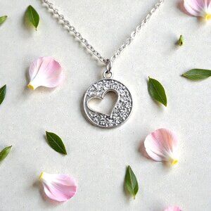 Crystal Silver Tone Cutout Heart Pendant Necklace